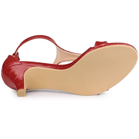 Women's T Strap Embossed Kitten Heel Sandals Red - Picture 5 of 6